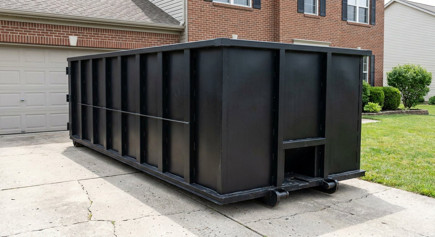 Matte-black 20-yard roll-off container on a Pleasanton residential concrete driveway with reinforced ribbed steel sidewalls and a hinged rear walk-in door, clean bright daylight.