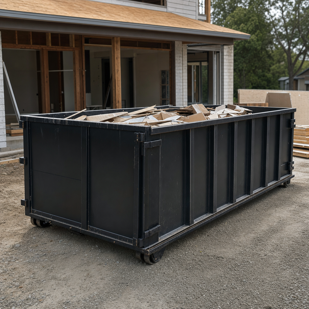 Large matte-black 30-yard construction roll-off dumpster at an active Pleasanton jobsite, steel-gray top rails and bottom rollers visible, loaded with construction debris.