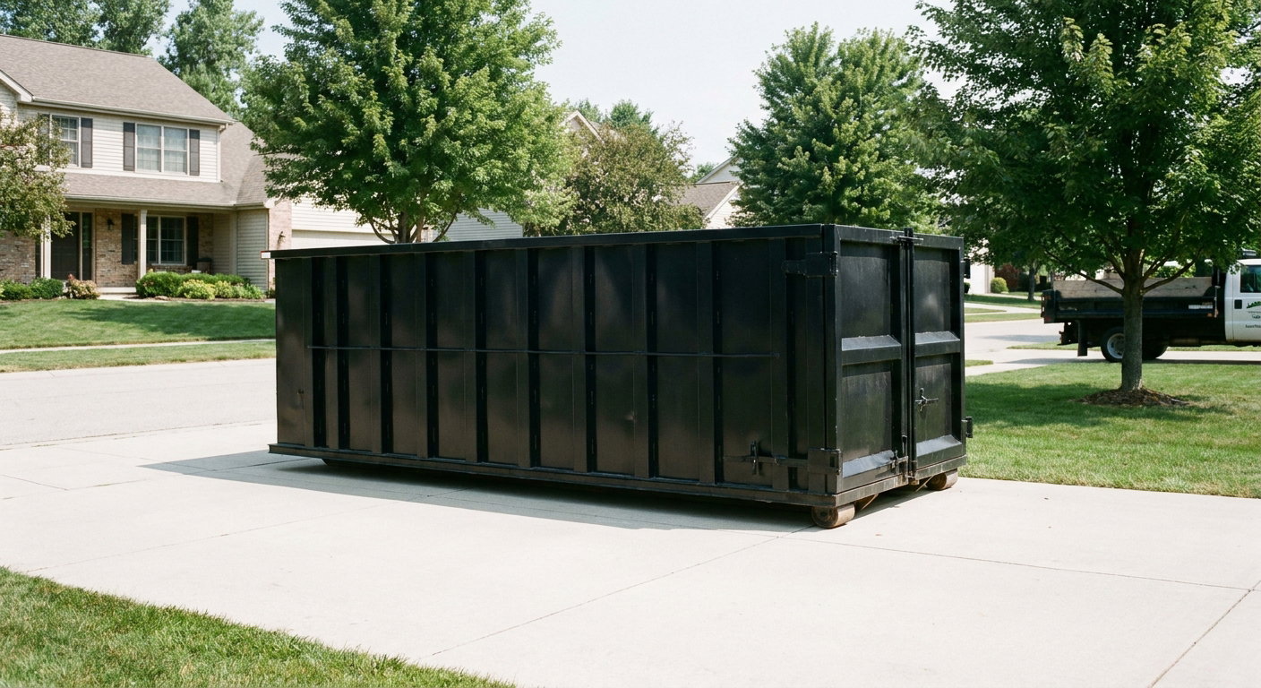 Matte-black 20-yard roll-off dumpster sitting level on a clean Pleasanton residential concrete driveway under bright daylight, demonstrating clean placement directly on the concrete.