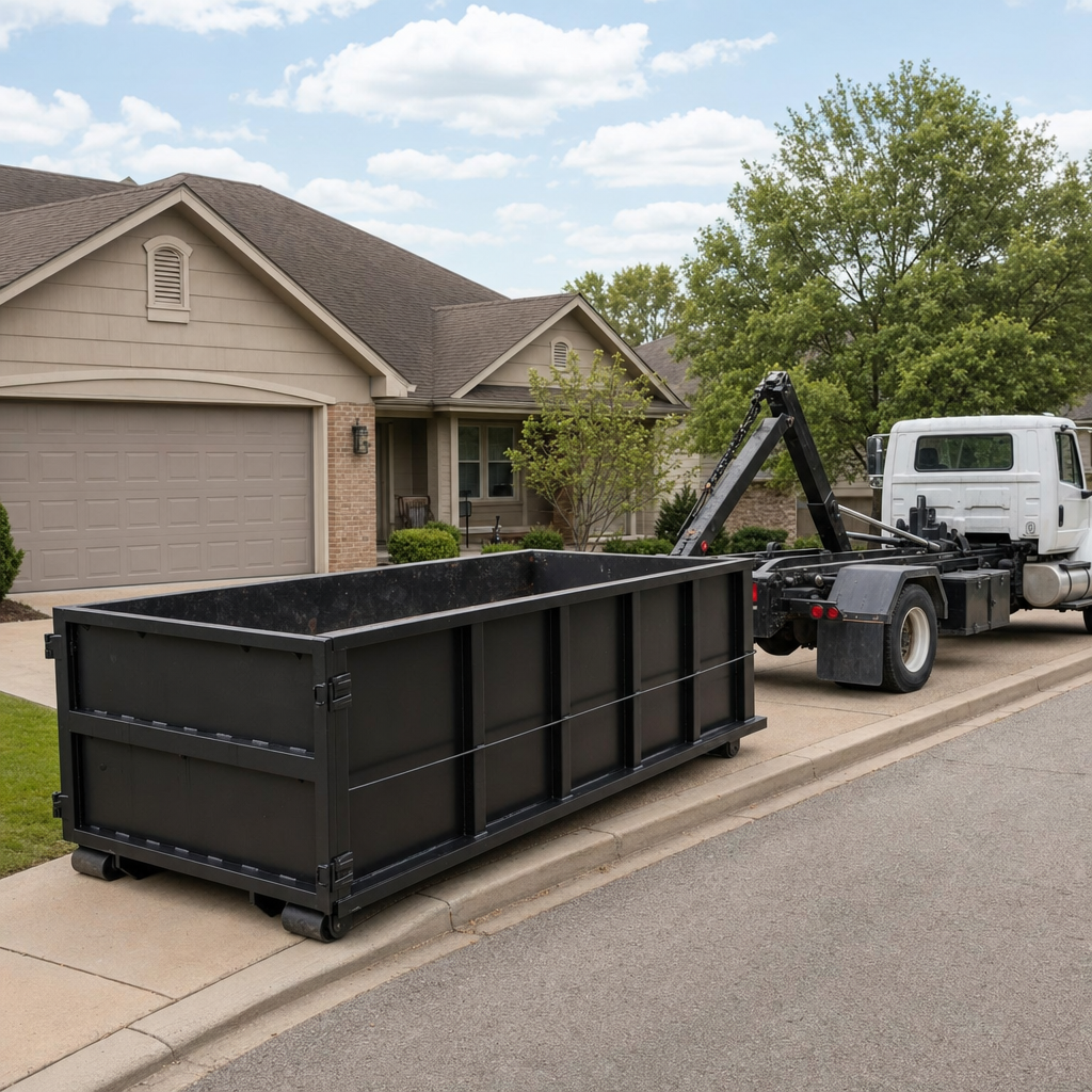 Wide documentary shot of a matte-black roll-off dumpster on a Pleasanton residential driveway in the foreground and a contractor jobsite container in the soft-focus background, bright daylight, calm and orderly composition.